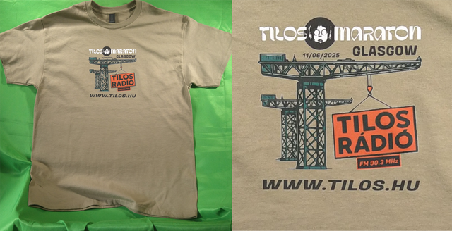 Mens T-Shirt - Prairie Dust - Size 'L' - River Clyde Cranes Design - Tilos Maraton Glasgow 2025 Edition - All Profit goes to www.tilos.hu 