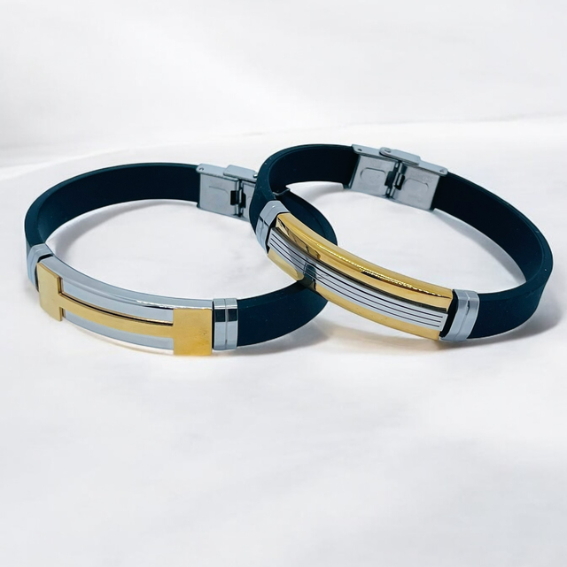 Bracelet homme avec plaque bicolore acier 