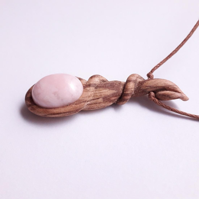 Pink Opal Necklace with Hand Carved Palo Santo Wood 