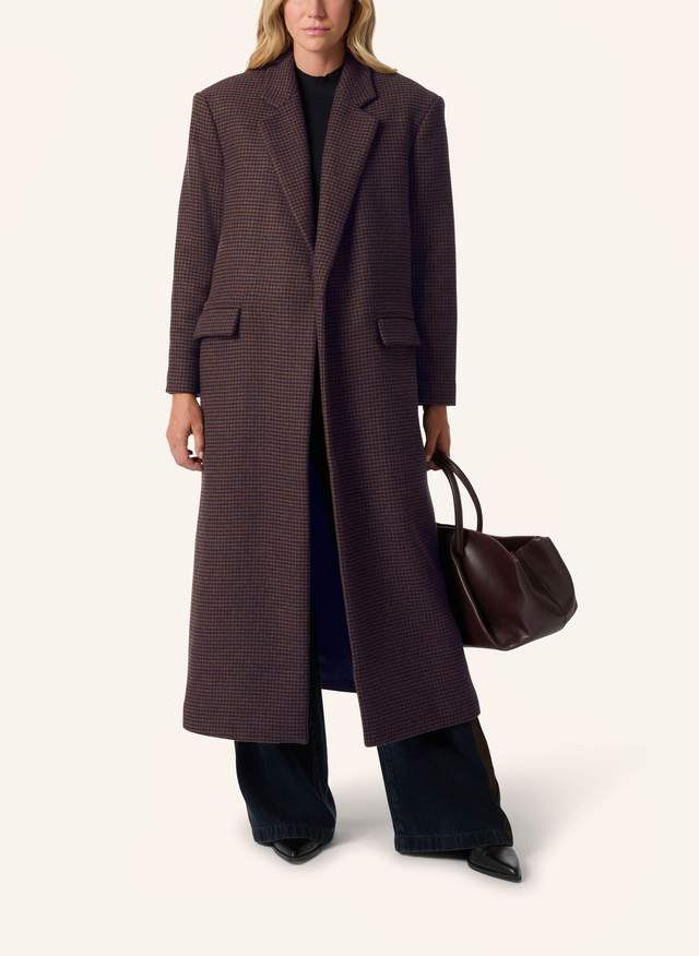 Navy/Camel Check Wool Blend Long Coat