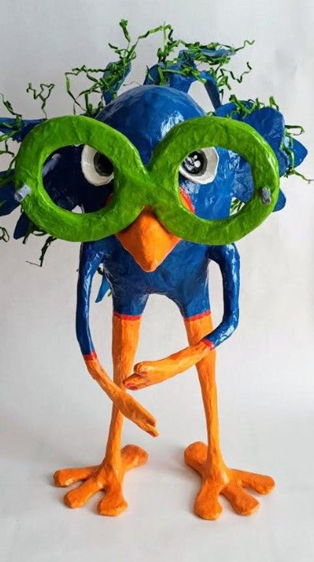 OISEAU BLEU AVEC LUNETTE, papier mâché, fait main, décoration d'intérieur ou cadeau unique, 52 cm de haut