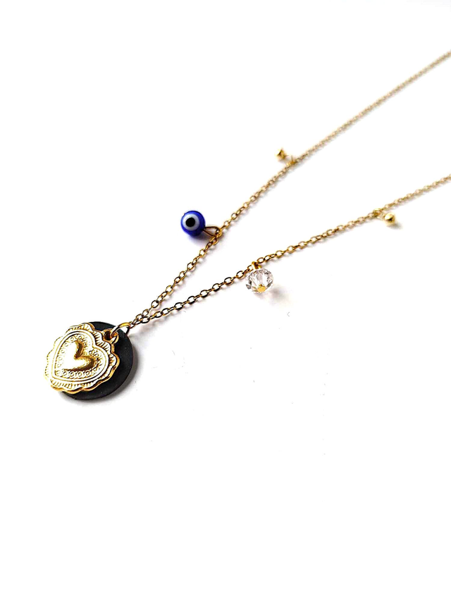 Chaîne avec Pendentif Upcyclé en CHAMBRE à AIR RECYCLÉE et Breloques dorées - Amour