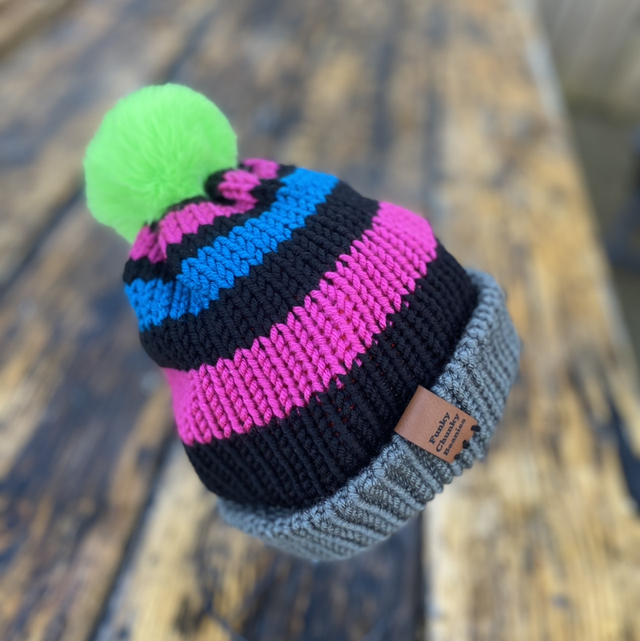 Tweenie beanie, 90’s revival. Lime green faux fur pom, pink and blue stripe