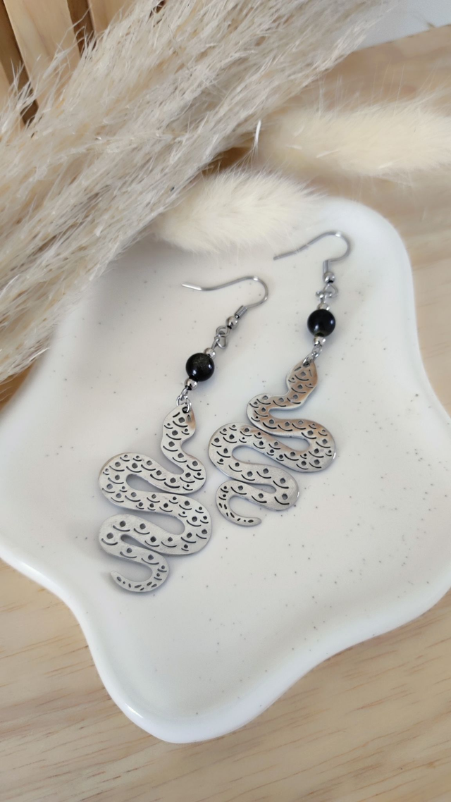 Boucles d'oreilles Fantaisie Serpent et Obsidienne dorée