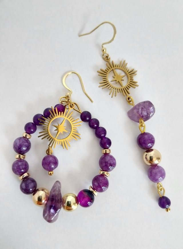✨Boucles d’oreilles &quot;asymétriques améthyste étoiles polaires&quot;✨