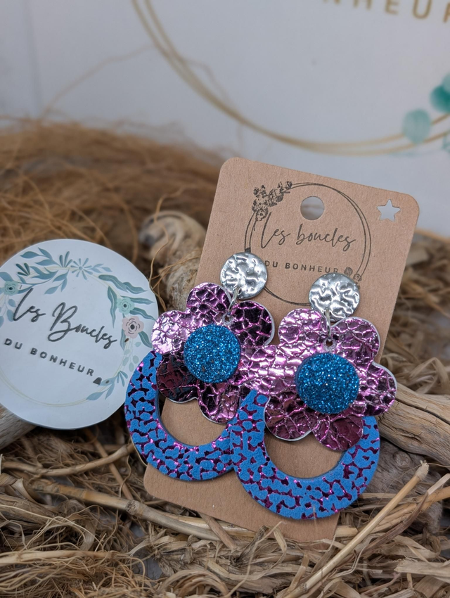 Boucles d'oreilles fleur rétro rose bleu mo632