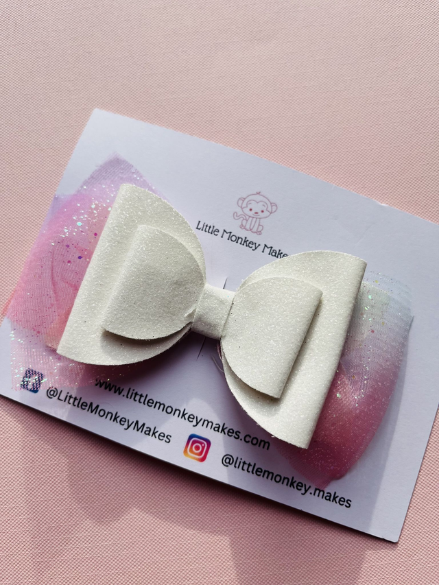 White glitter bow with organza ribbon