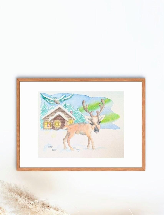 Tableau aquarelle d'hiver renne en Laponie - animaux hivernaux du monde