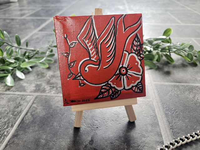 Original Mini Canvas Painting - Swallow &amp; Flower