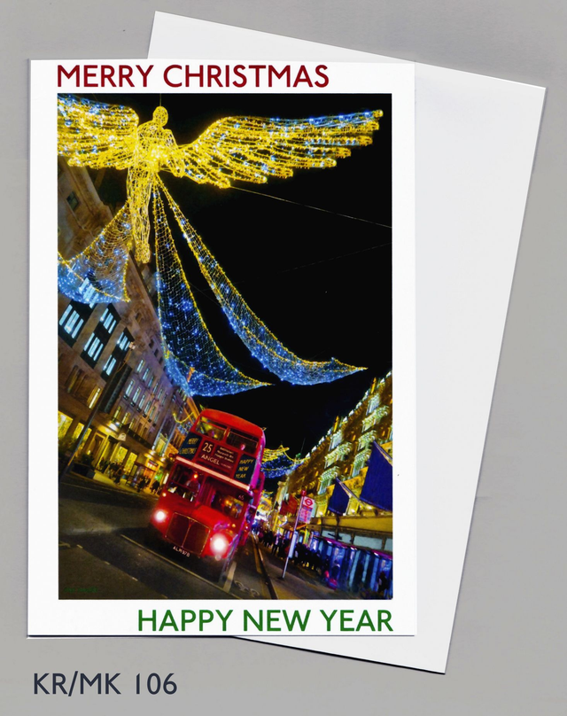 Folded Xmas Card  Angel Bus - Regent Street, London.  Message inside.  7.5&quot;x 5&quot;