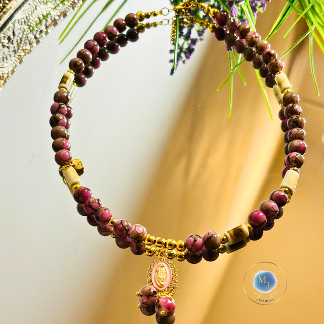 Handgemaakte Ketting met Paars-Roze Natuursteen &amp; Elegante Hanger