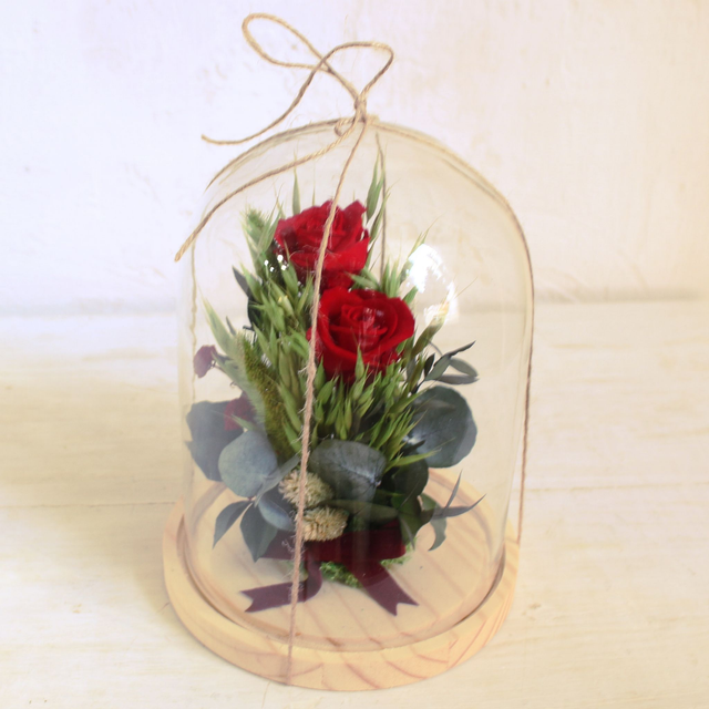 CL414x2- CÚPULA 2 rosas y ramajes preservados. 20x15cm