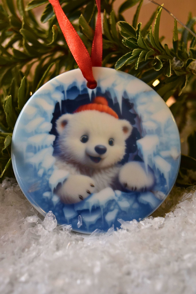 Round Ceramic Christmas Ornament – Smiling Polar Bear Design