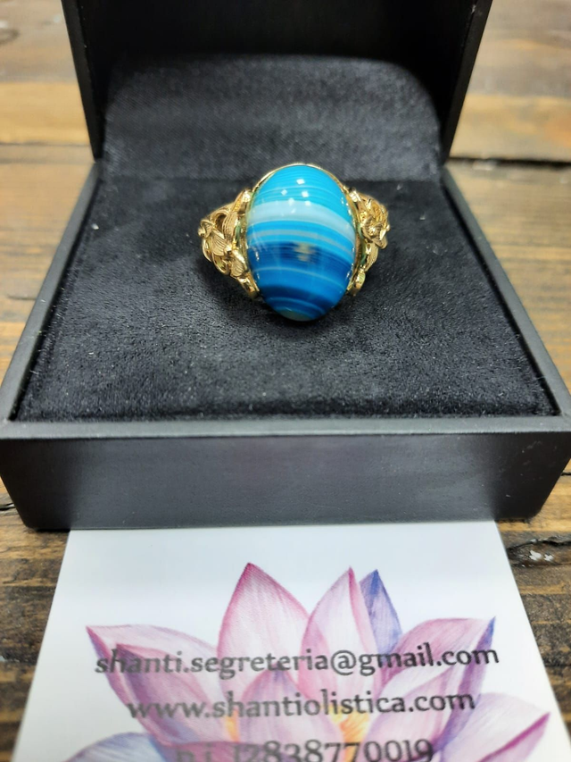 Anello argento placcato oro giallo agata blu