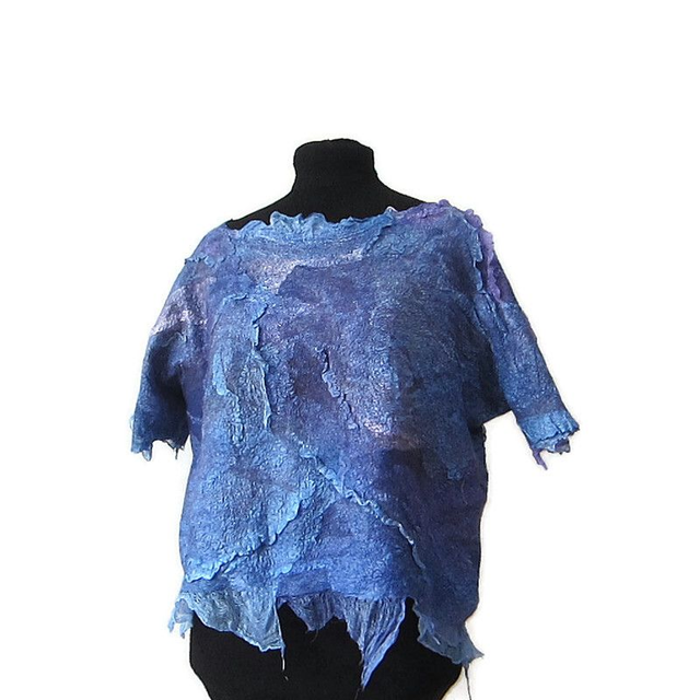 Camicetta da donna in feltro di lana merino fatta a mano Camicetta blu manica corta senza cuciture stile boho