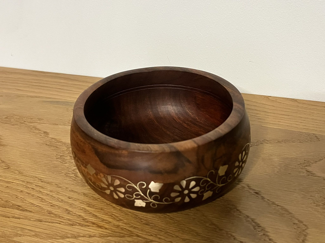 Refurbished Sheesham Wood Bowl with Brass Inlay.
