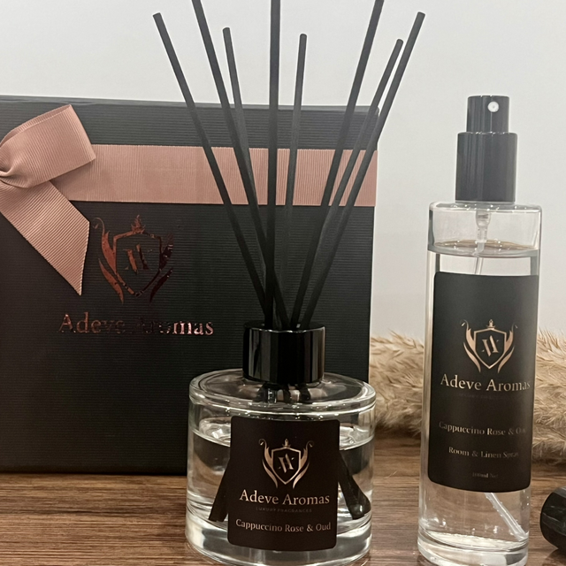 Cappuccino Rose &amp; Oud Luxury Reed Diffuser &amp; Room Spray Gift Set 