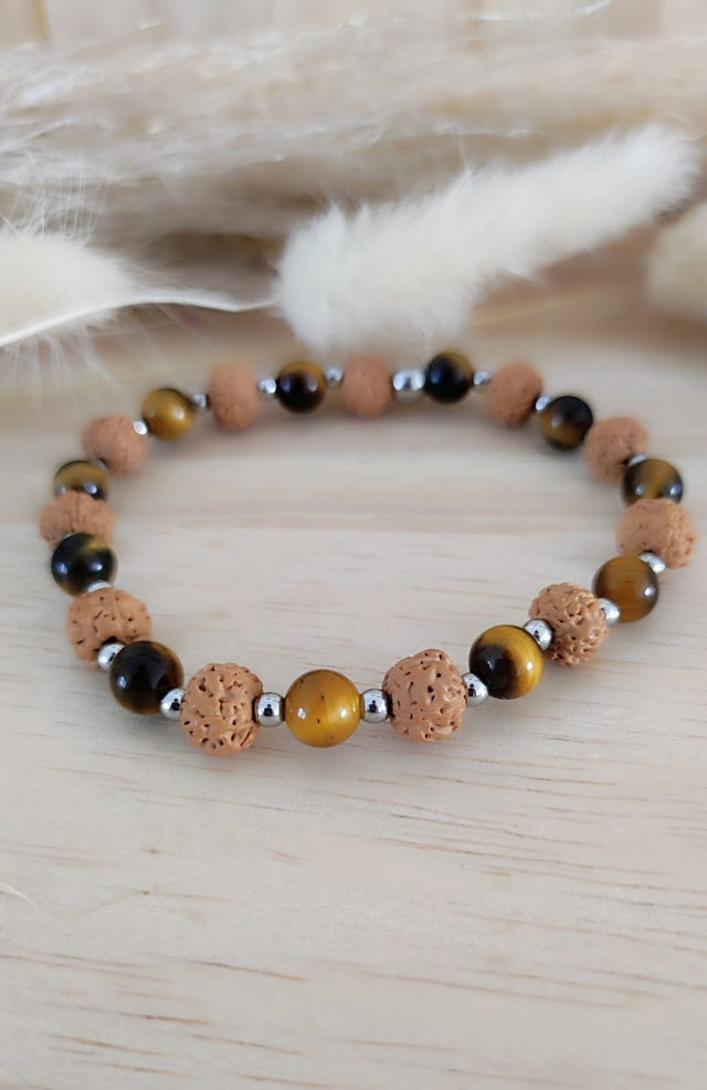 Bracelet "Force et Stress" Oeil de tigre et Graines de Shiva
