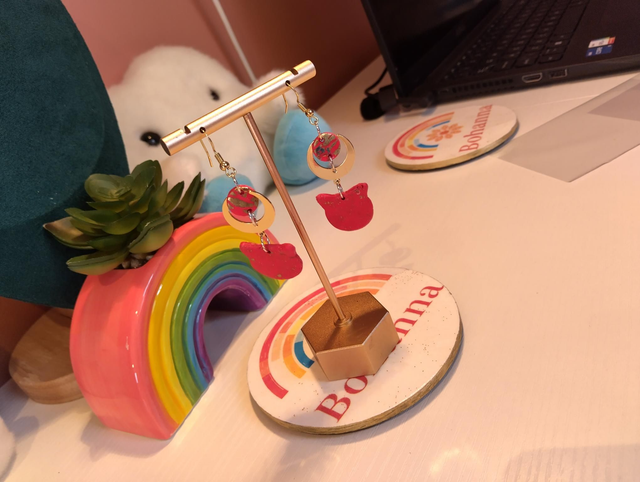 Handmade polymer clay earrings Cosmic kitty - Red