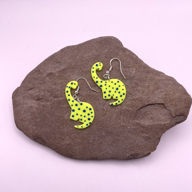 Spotty yellow and blue brachiosaurus earrings 