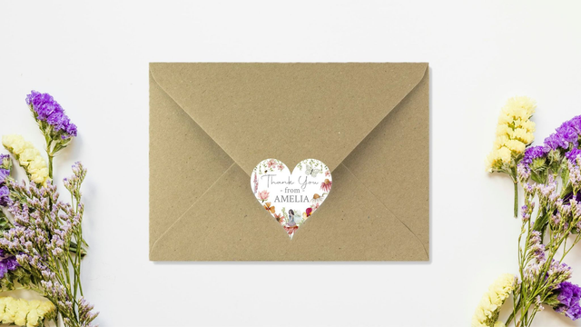 Flower fairy - Pack of 48 heart shaped stickers / sticky labels - envelope seals / favour / party bag thank you stickers