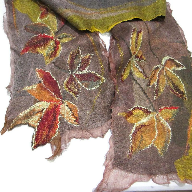 Sciarpa feltro lana merino seta Sciarpa artistica Caldo lunga oro marrone Infeltrimento fatto a mano