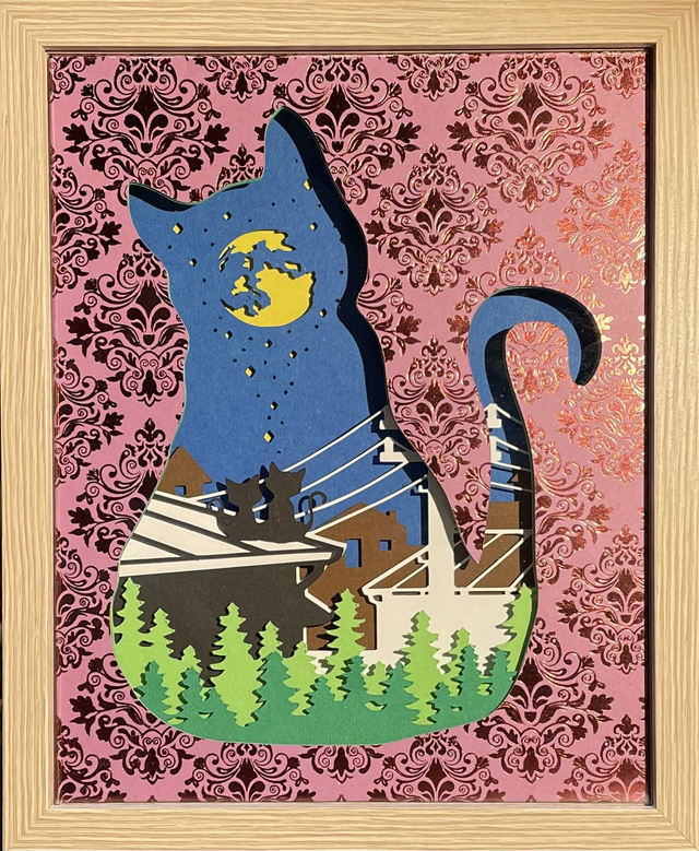 Chats sur les toits - cadre 3D lumineux - VENDU