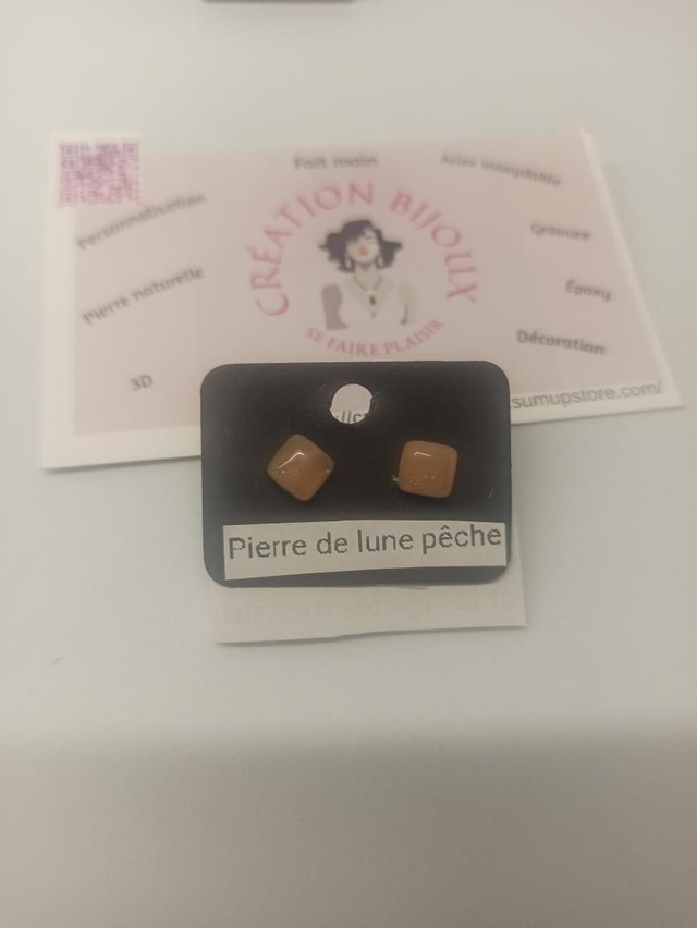 Boucle d'oreille puce pierre de lune pêche 