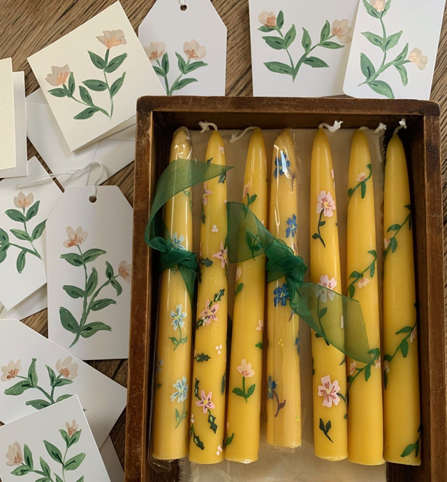 Hand painted beeswax taper candle