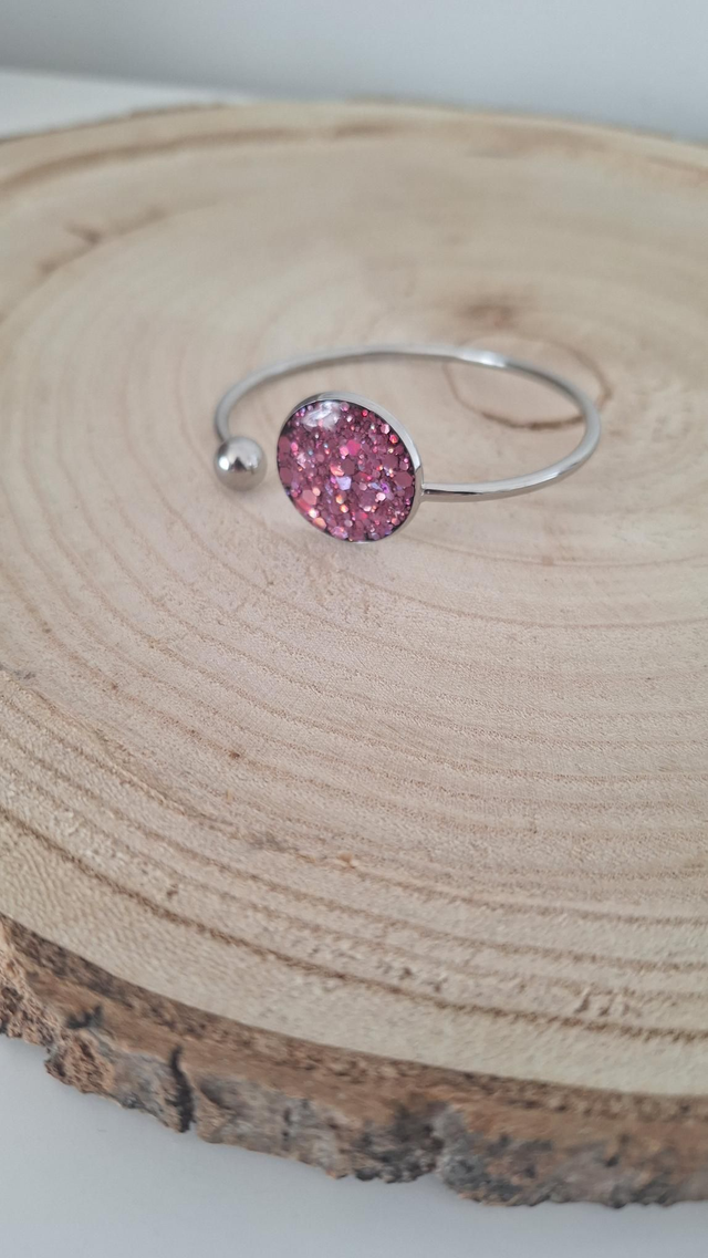 Jonc Rond noir/paillettes roses