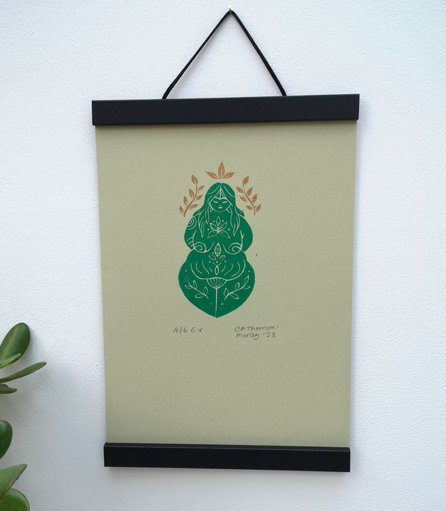 Earth Goddess Gaia Lino Print - (Varied Edition of 6 on Green or Brown Recycled Card)