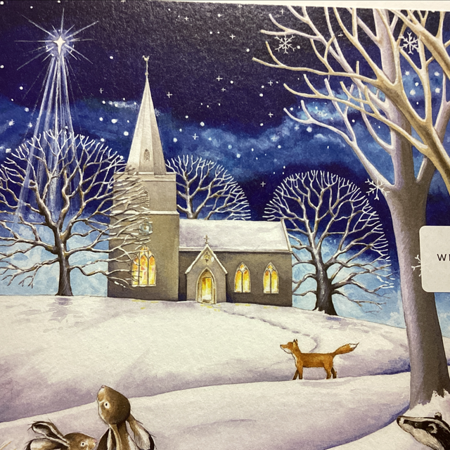 Christmas Open Whistlefish- snowy scene church on hill with fox, badger and rabbits.