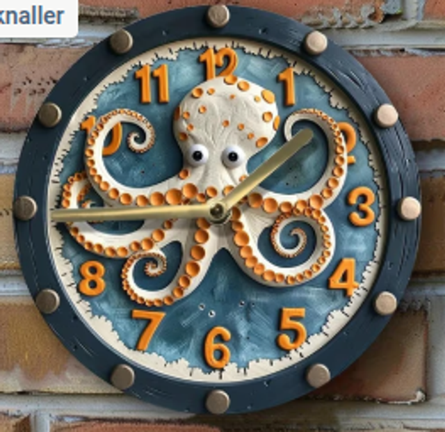 Vintage metalen klok inktvis (20cm diameter) Nieuw.