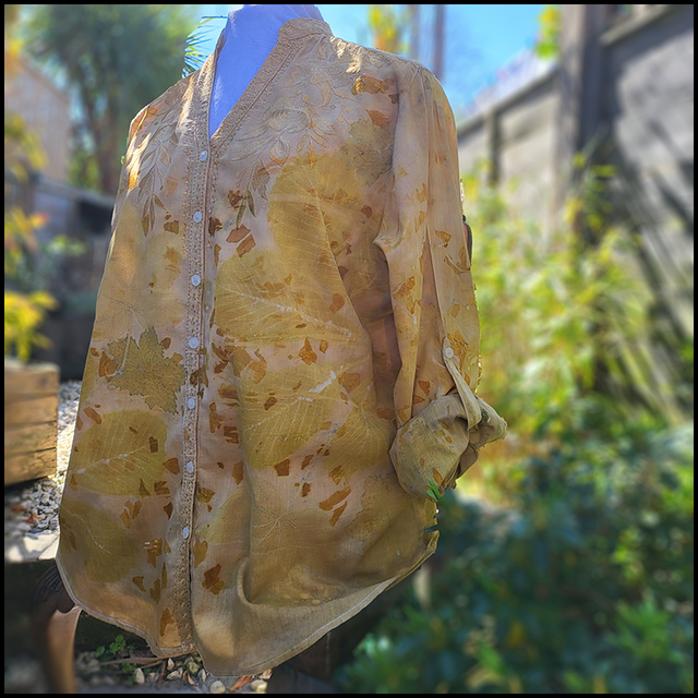 Indian Cotton Blouse - Dyed with onion skin then eco-printed with onion skin, sycamore and horse chestnut size XL