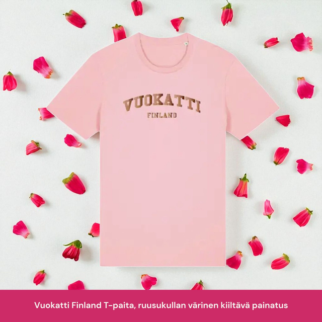 Vuokatti Finland T-paita, pinkki teksti ruusukulta aikuisten/lasten