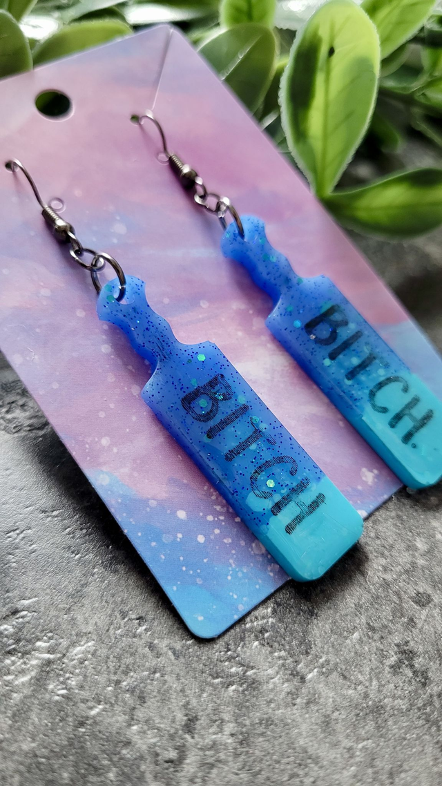 Earrings | Dark Blue-Light Blue Holographic Glitter BITCH earrings  | Stainless Steel Gunmetal Black Hooks