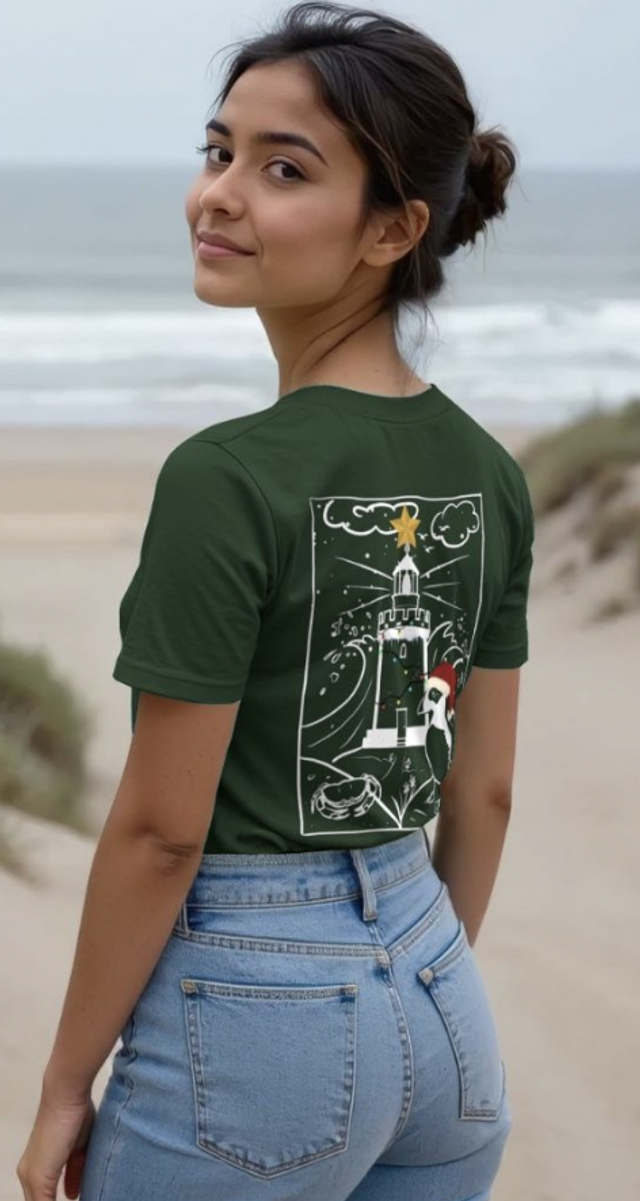 Womans Lighthouse Christmas T-Shirt - Woodland Green