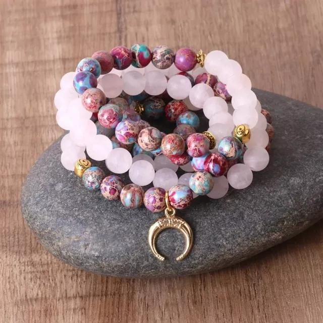 Mala Rozenkwarts Jaspis | Halve Maan | Paars Roze | Ketting | 108 kralen | Edelsteen | Meditatie Yoga