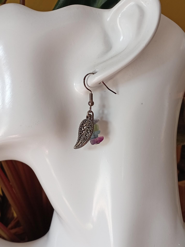 Fluorite Chips &amp; Leaf Sterling Silver Earrings