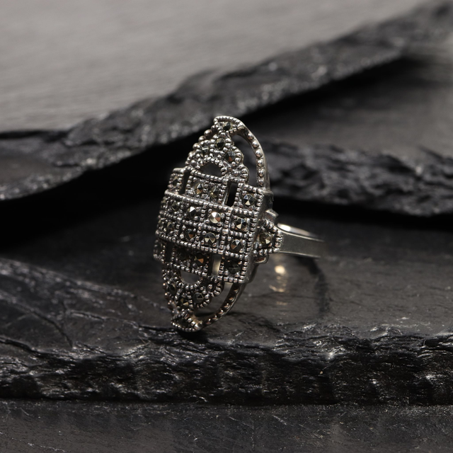 Statement Vintage Sterling Silver 925 Art Deco Style Filigree Shield Design With Marcasite Gemstone Ring Size O - 7