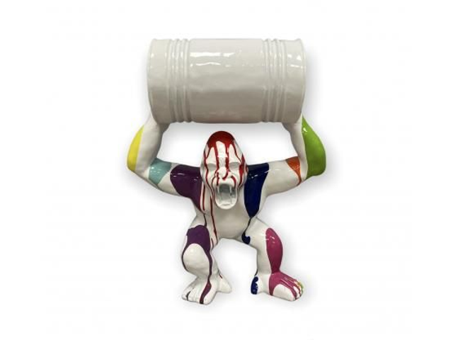 SULPTURE EN RESINE GORILLE AVEC BARIL 42 CM BLANC TRASH

