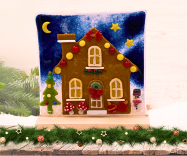 19.11.25 @ 6.00pm. Fused glass Gingerbread House @ Unconditional Love, Cleckheaton