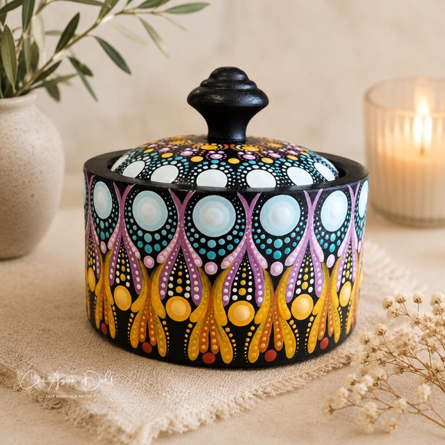 Boîte ronde en bois – Mandala orange, rose &amp; bleu peint à la main - Boîte à bijoux