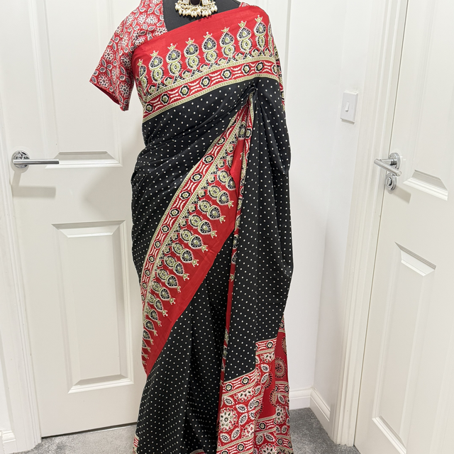 Ajrakh modal silk saree with stiched blouse 