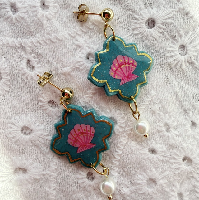 Pink Seashell Teal Tile Shaped Pearl Drop Earrings