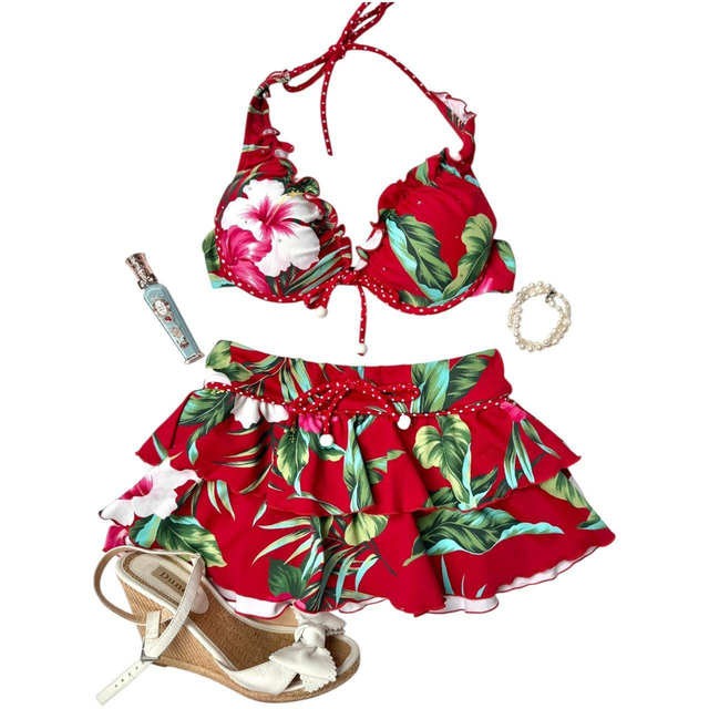 coquette red floral polka dot japanese 3 piece bikini set