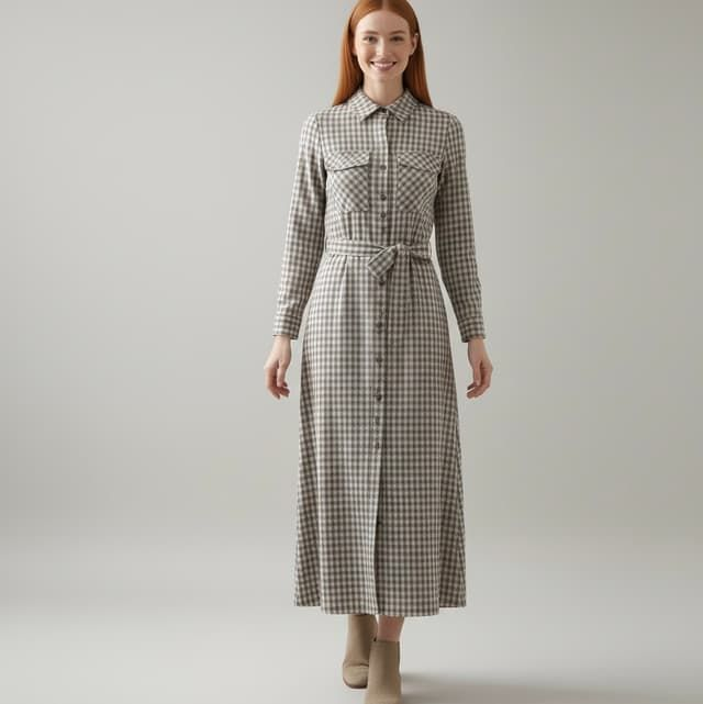 Robe maxi chemise vichy beige en pur coton