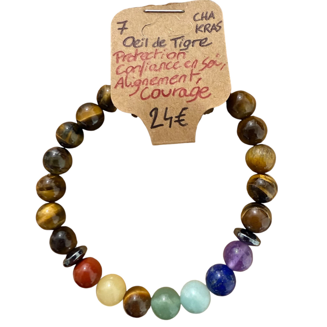 Bracelet 7 Chakras Oeil de Tigre ~ 8 mm 
