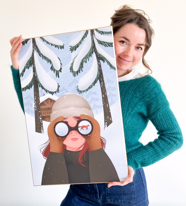 Tableau Exploratrice et renard hiver