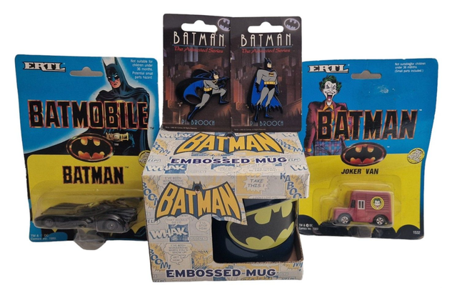 Batman Mug, 1989 Batmobile, Joker van &amp; badge / pin set bundle